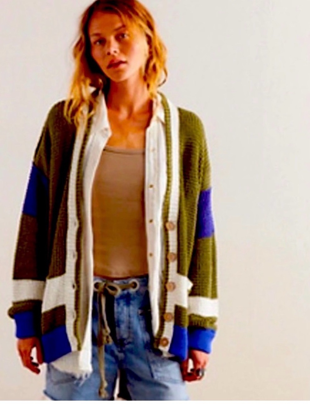 Free People Cardigan Chelsea Sweater - COLOR BLOCK Green Combo NWT xs